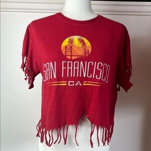 Vintage Red San Francisco Distressed Fringed 
Crop Tshirt Top